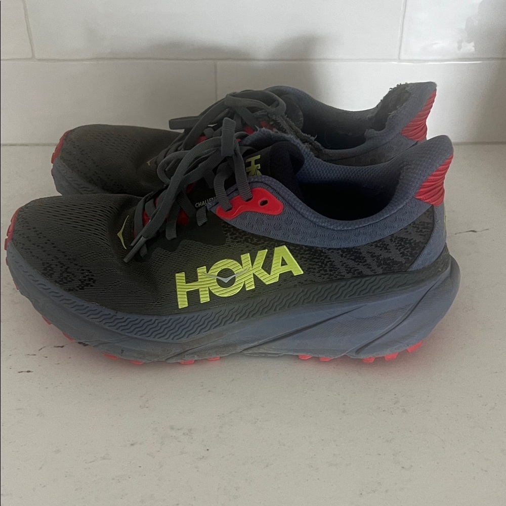 Hoka Women’s Challenger ATR 7 Shoes with Neon Yellow Logo and Red Accents size 8